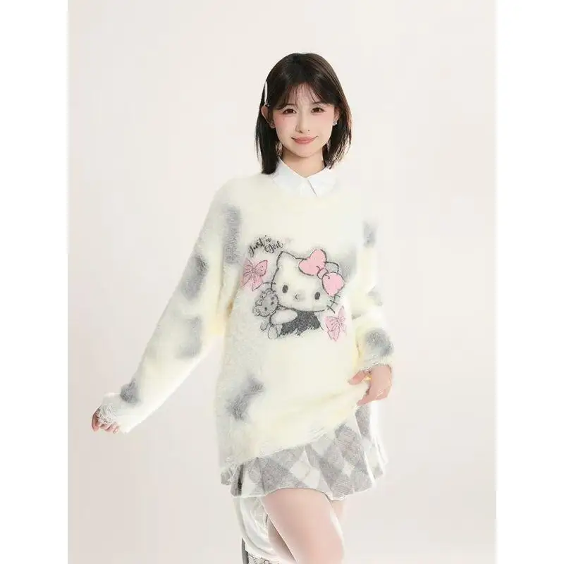 

Комплект из двух предметов: свитер с длинным рукавом и брюки в стиле колор-блок, вязаный, свободный крой, для женщин, осень-зима, повседневный, в стиле Sanrio Hello Kitty (корейская версия)