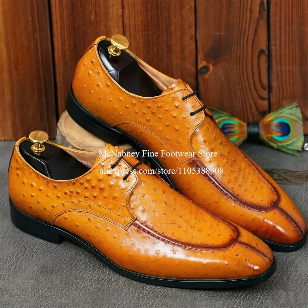 Elegant Ostrich Pattern Embossed Leather Men Derby Shoes Lace up Formal Business Office Wedding Gentleman Dress Shoes Plus Size