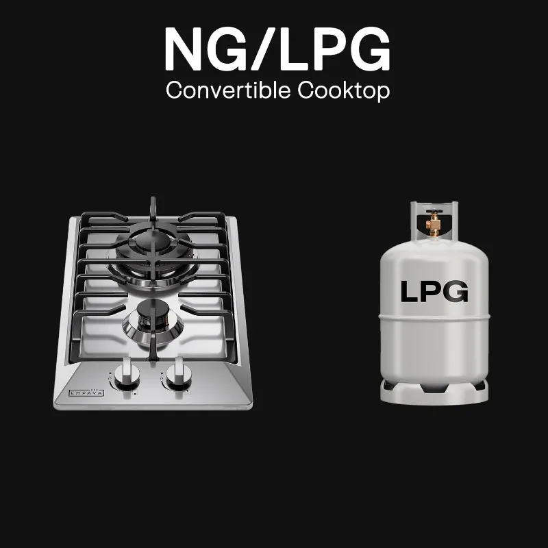 Газовая плита Empava 12 дюймов, 2 итальянские герметичные горелки Sabaf, трансформируемая для NG/LPG из нержавеющей стали, 12 дюймов
