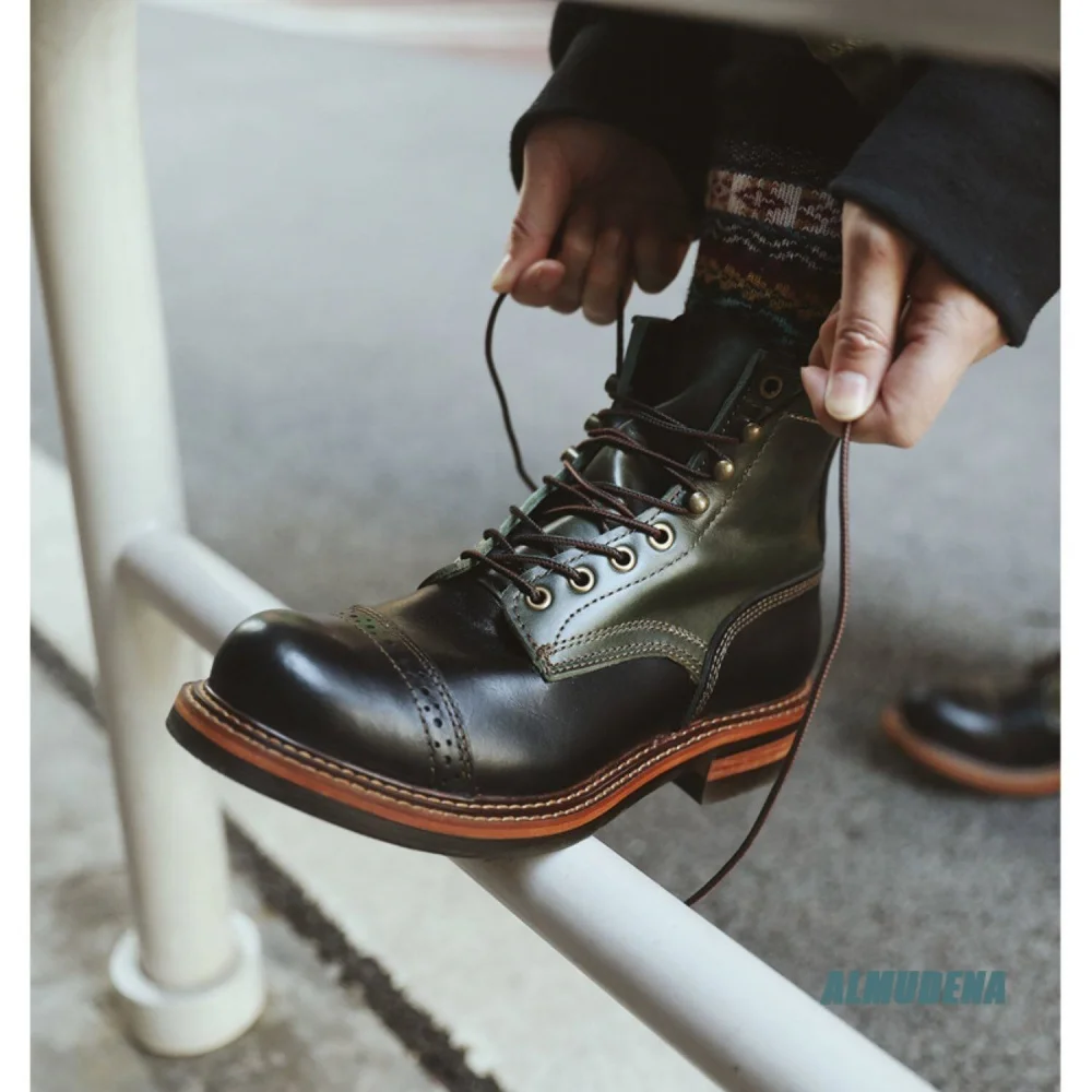 

High-Top Short Boots Mixed Colors Leather Round Toe Brogue Lace Up Outdoor Spring Autumn Trendy Versatile Men Casual Work Shoes