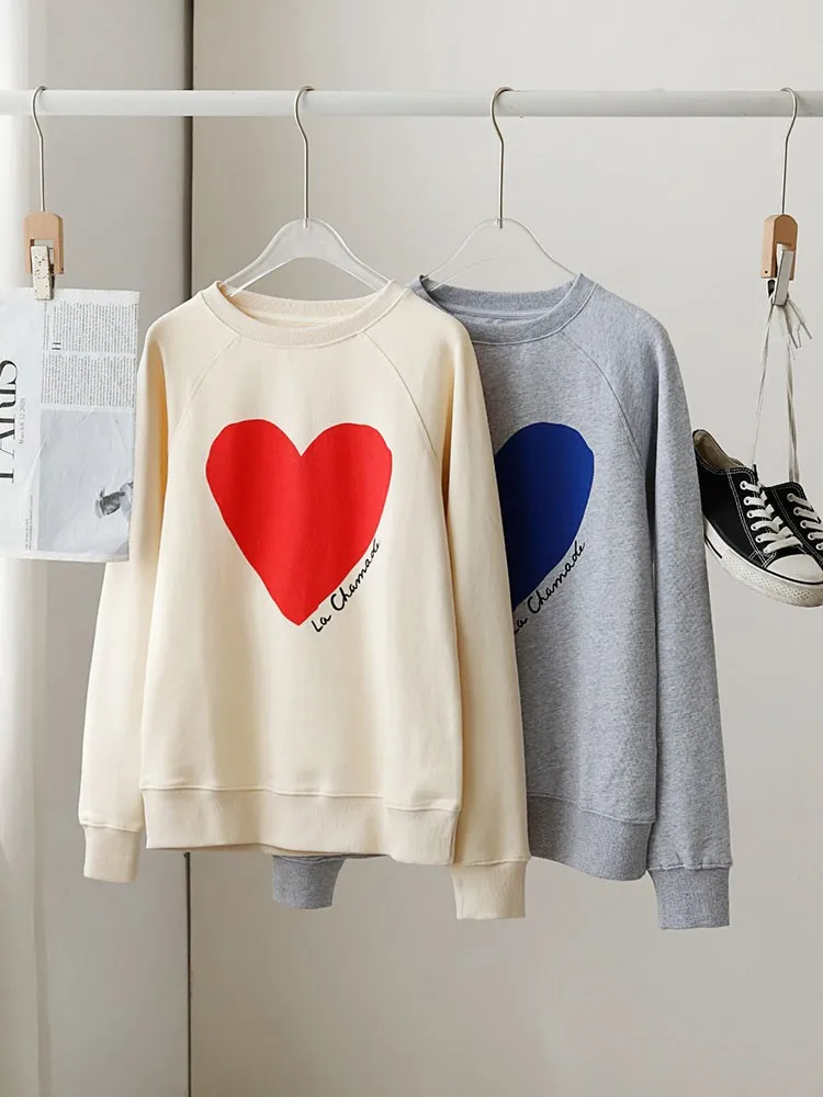 Love Letter Print Sweatshirt Women Vintage Loose Sweatshirts Autumn 2023 New Round Neck Long Sleeves Retro Pullover Elegant