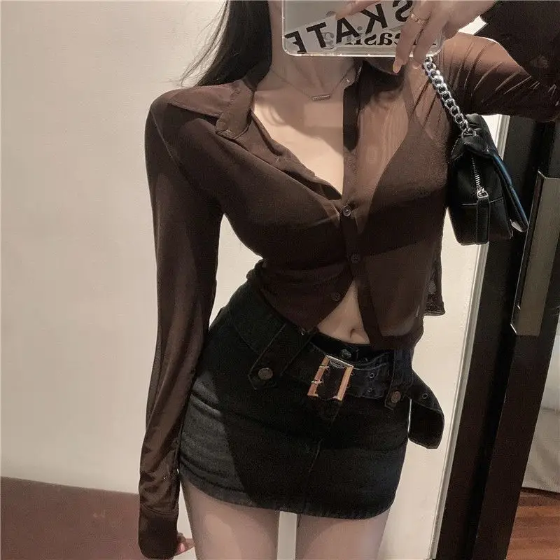 Y2K Women Mesh Sheer Blouse Chiffon See-through Long Sleeve Top Shirt Blouse Fashion Organza Transparent Shirt Female Blusas