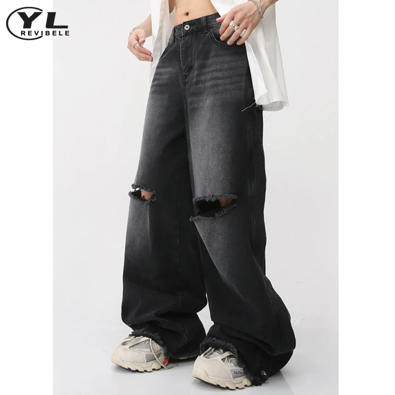 Vintage Baggy Wide Leg Jeans Man Harajuku Oversized Hole Wash Denim Pants Male High Street Punk Spring Summer Straight Trousers