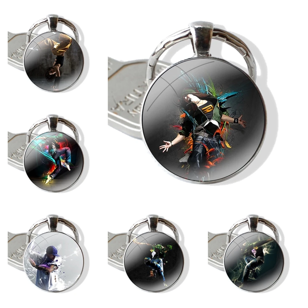 Hip Hop Break dance Keychain Handmade Glass Cabochon Key Ring Holder Pendant Key Chains