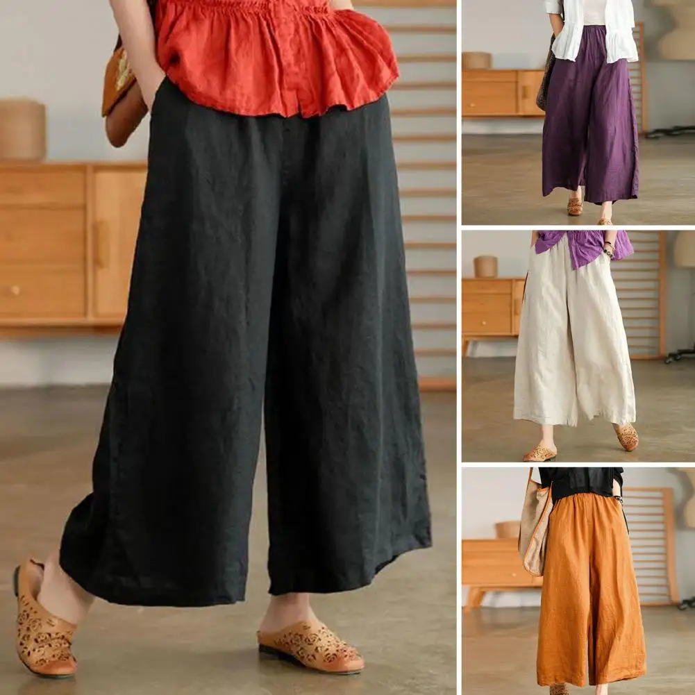 Women Summer Spring Pants Wide Leg Oversized Straight Solid Color Elastic Waist Match Top Pockets Deep Crotch Lady Ninth Pants