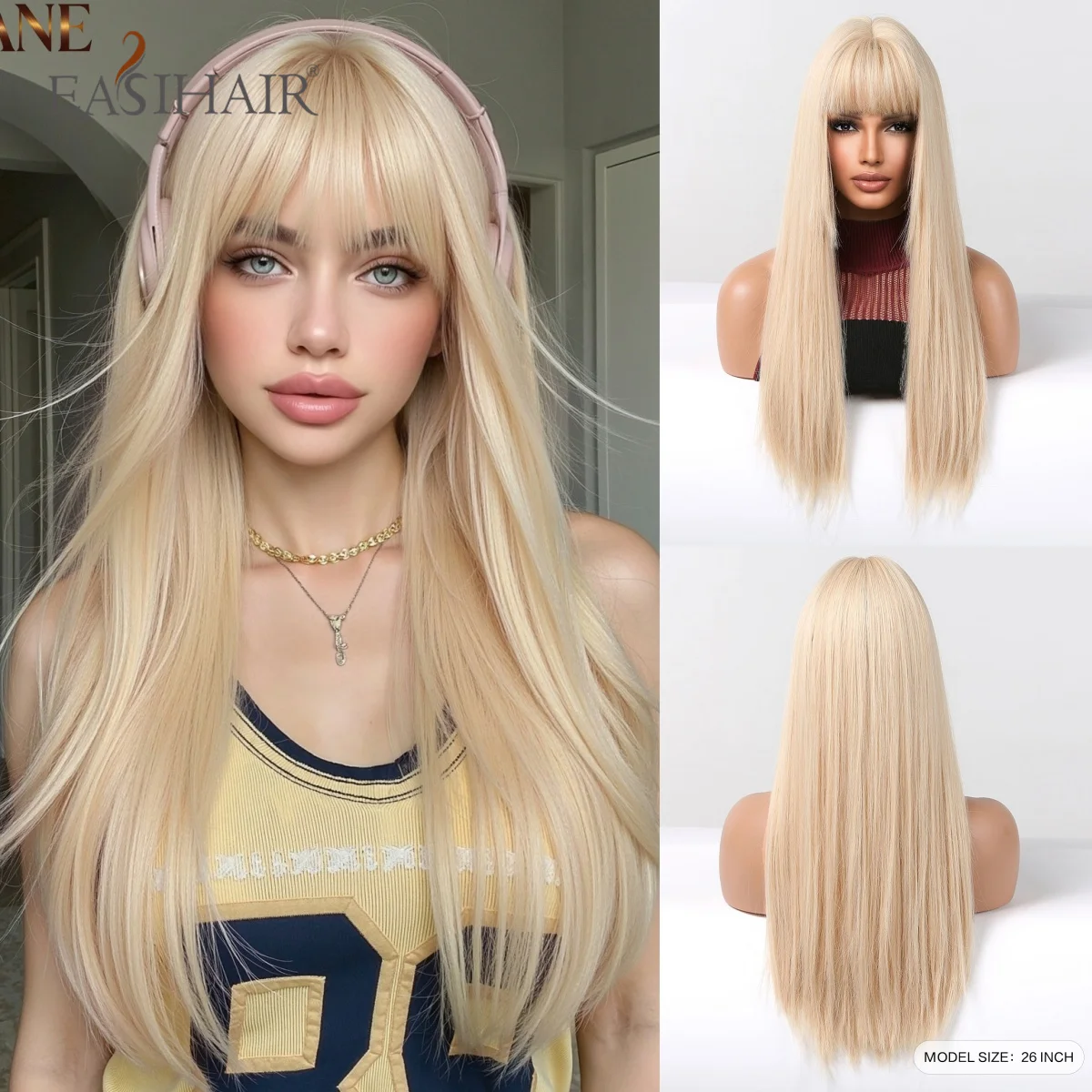 26inch Long Straight Blonde Synthetic Wigs with Bangs Heat Resistant Daily Party Cosplay Soft Hair Wig Natural Looking for Women