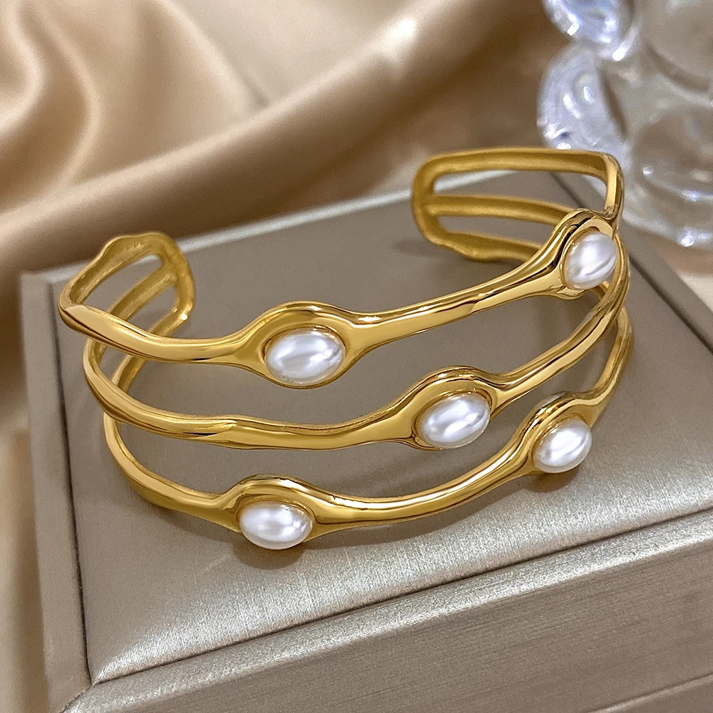 Vintage Layered Gold Plated Pearl Stainless Steel Bangles Bracelet for Women Men Bohemia Wide Open Cuff Wrist Party Jewelry Gift
