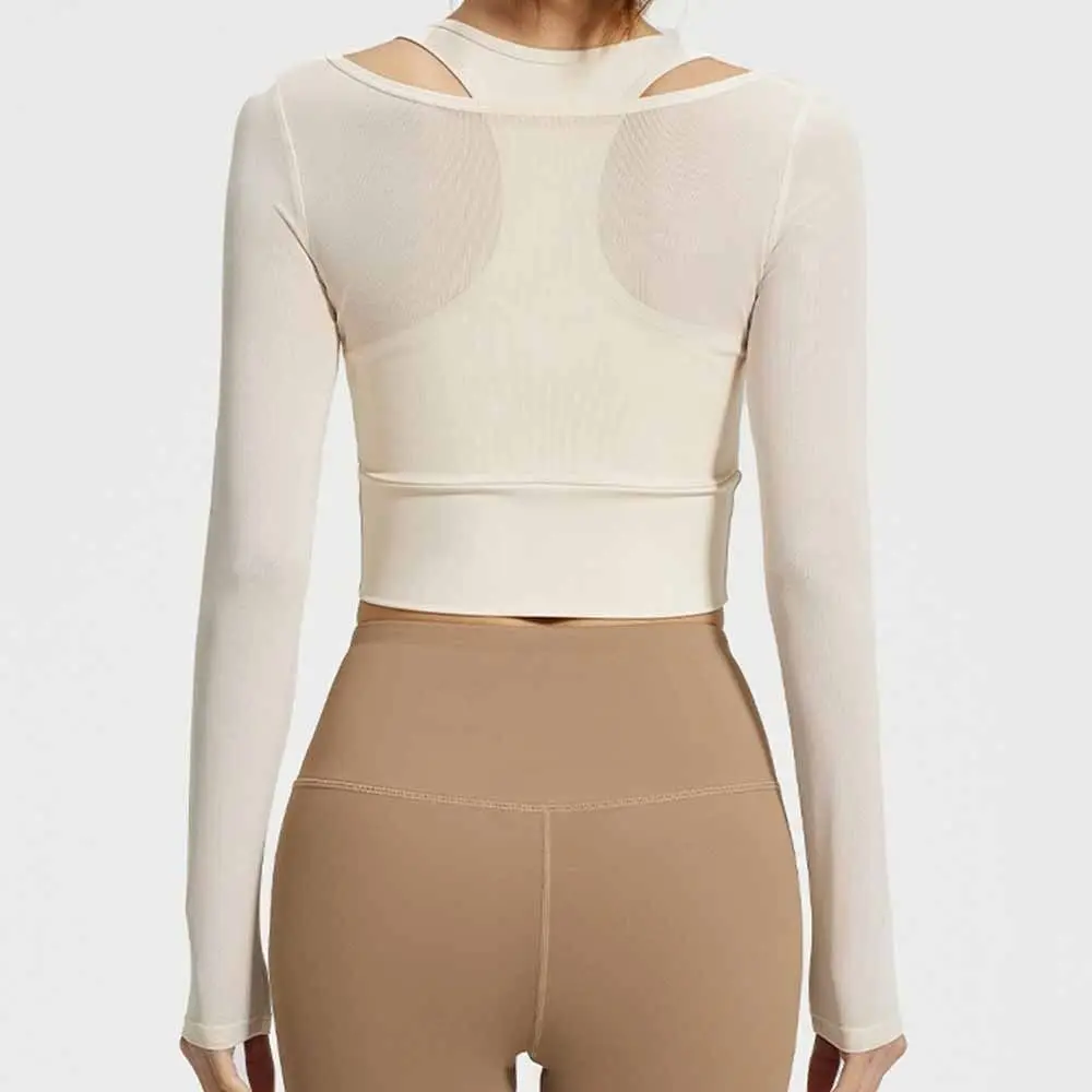 Long Sleeved Fitness Yoga Top Fixed Chest Pad Slimming Design Yoga Shirts Mesh Splicing Breathable Women Sports Top
