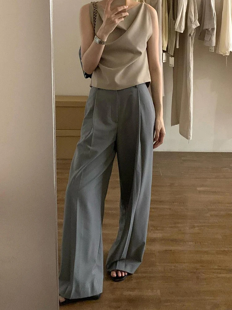 PBAP عادية الصلبة رمادي البدلة السراويل النساء جيوب مطوي الجبهة فضفاضة رايات عالية الخصر واسعة بنطلون الأعمال مكتب سيدة الملابس #5