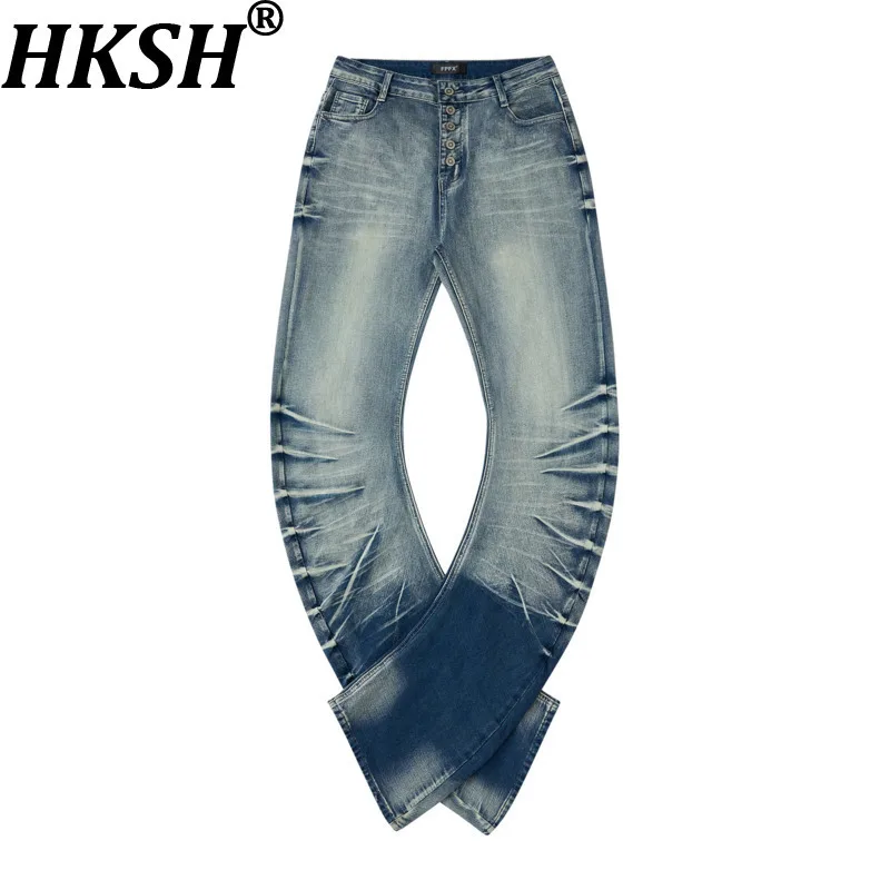 

HKSH Spring Autumn New Man Trendy Washed Three-Dimensional Draped Buttons Slim Jeans High Street Casual Punk Denim Pants HK14115