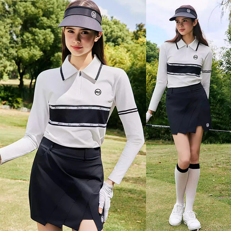 

MG Vintage Golf Women's Long-sleeved Polo Tops Zipper Lapel Soft Sports Shirt Stretch Jersey Irregular Short Skort Golf Skorts