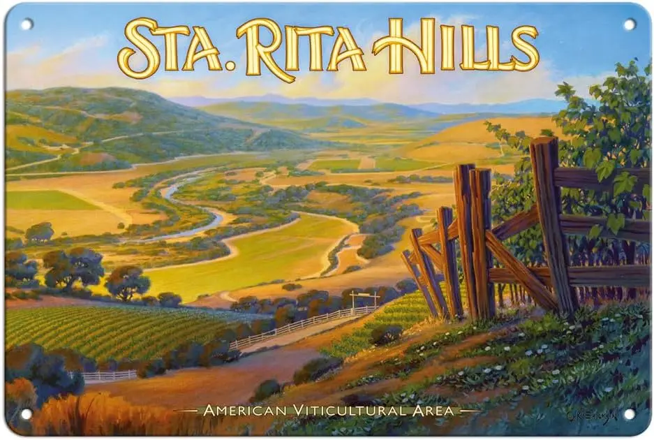 Sta. (Santa) Rita Hills Wineries - California Vineyards Wine Country Art by Kerne Erickson - 8 x 12 inch Vintage Metal Tin  sign