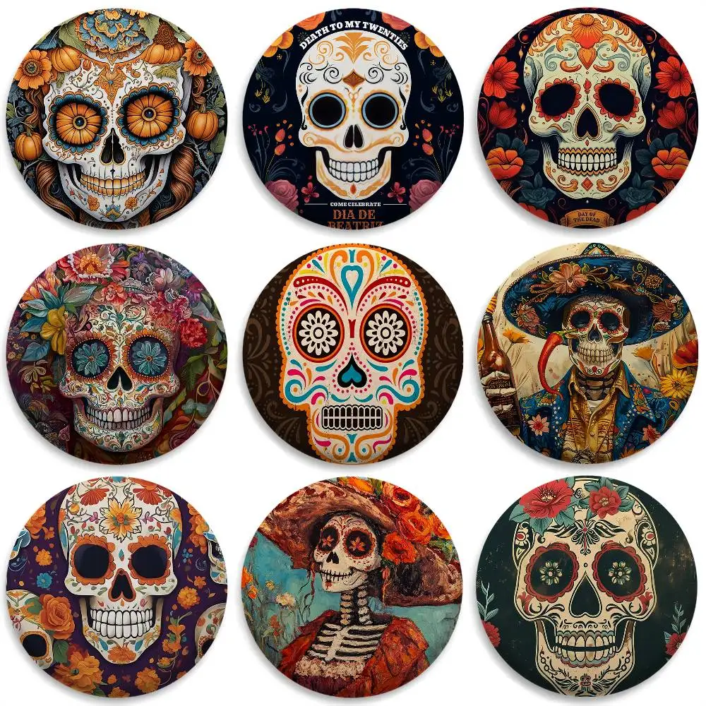 

Abstract Day Of The Dead Badges Round Exquisite Badge Brooches Creative Pins For Clothes Hat Backpack Gift Accessories