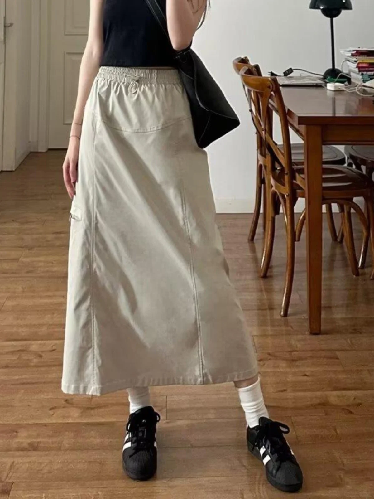 

​​Plus Size Korean High Waist Utility Skirt 2025 Spring Fall A-Line Midi Flattering Tummy Control Workwear Vintage Oversized​​