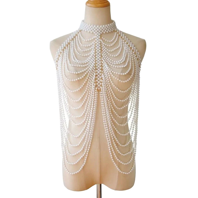 Unisex Halter Y2K Crop Top Perlen-Mehrschichtige Körperkette Sexy Kleidung für Männer Halskette Halloween Party Festival Vintage Übergroß – Detail 6