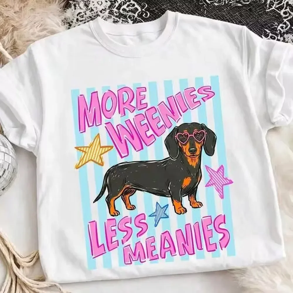 Funny Dachshund Dog Graphic Tee More Weenies Less Meanies T-Shirt Cute Wiener Dog Stripe Top Preppy Aesthetic Pet Lover Tee