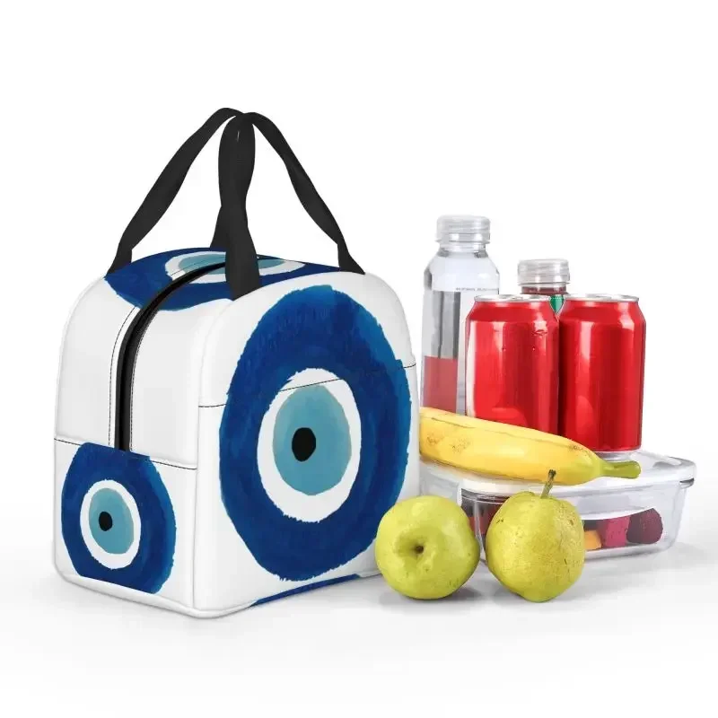 Custom Watercolor Evil Eye Nazar Painting Portable Lunch Box Women Hamsa Lucky Charm Thermal Cooler Food Insulated Lunch Bag