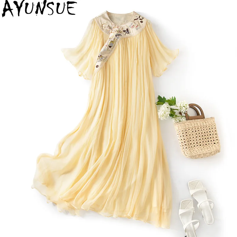 

AYUNSUE 100% Silk Women's Casual Dresses High Quality Yellow Long Dresses for Woman Summer Dress 2026 Woman Clothes Ropa Mujer