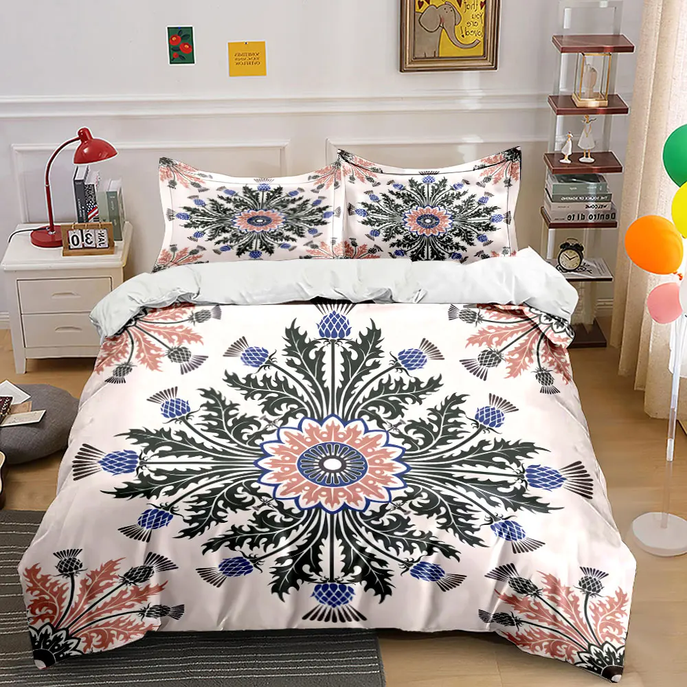 Elegant floral and thistle symmetrical Pattern Duvet Cover Set Digital Print Colorful Polyester Bedding with Zipper Closur