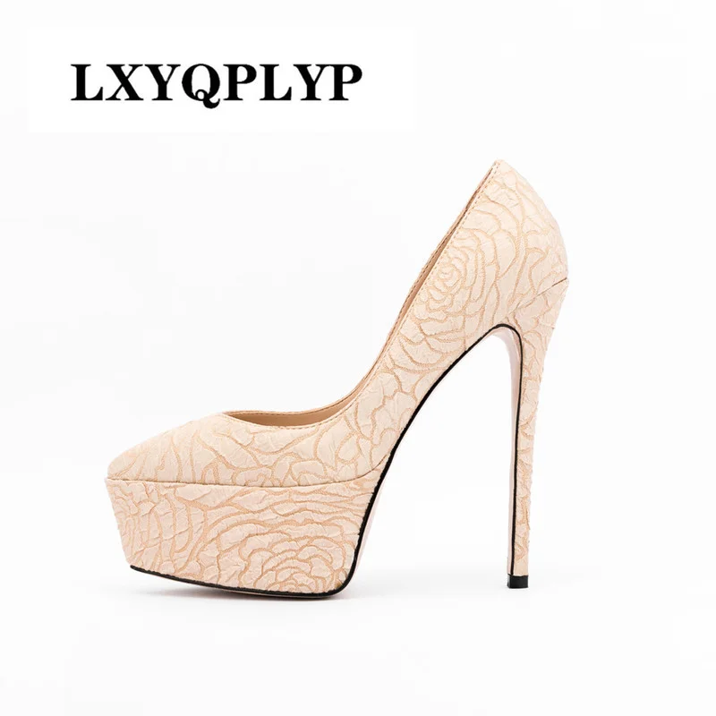 

2022 Autumn New Pointed Toe Super High Heel Women's Shoes Sexy Jacquard Womens Platform Heels Plus Size Women Shoes 44 45