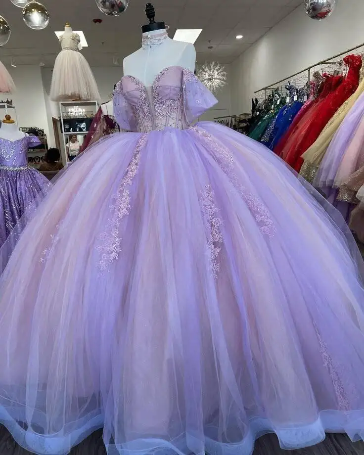 

Elegant Lilac vestidos de 15 años Sequin Quinceanera Dresses Off Shoulder Beading Corset Birthday Party Gowns Customized