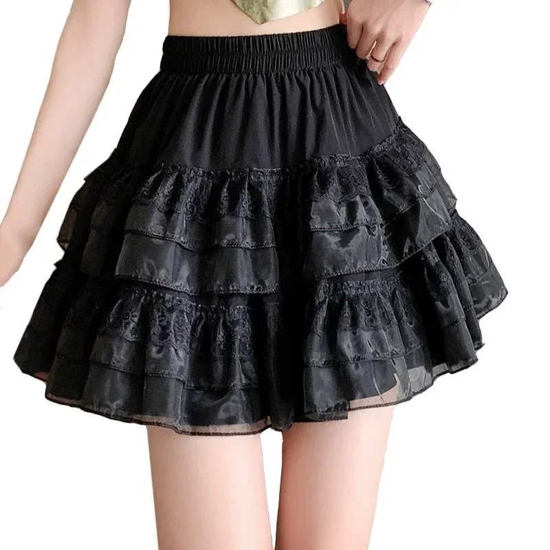 Cake Mesh Pleated Women's Skirt Elasticity High Waist A- Shaped Slim Lace Skirt Lady Summer 2024 New Small Waist Femme Y2k