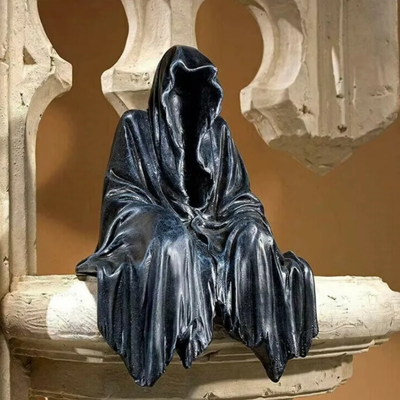 Resin Grim Reaper Sculpture Art Decorative Desk Figure Ornaments Mysterious Man Sitting For Home Desktop Decoration