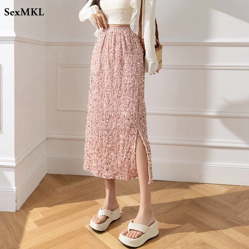 

Elegant Streetwear Summer Skirts Women 2024 Korean Fashion Clothing Faldas Largas Casual Sequined Black Pink Long Skirt y2k