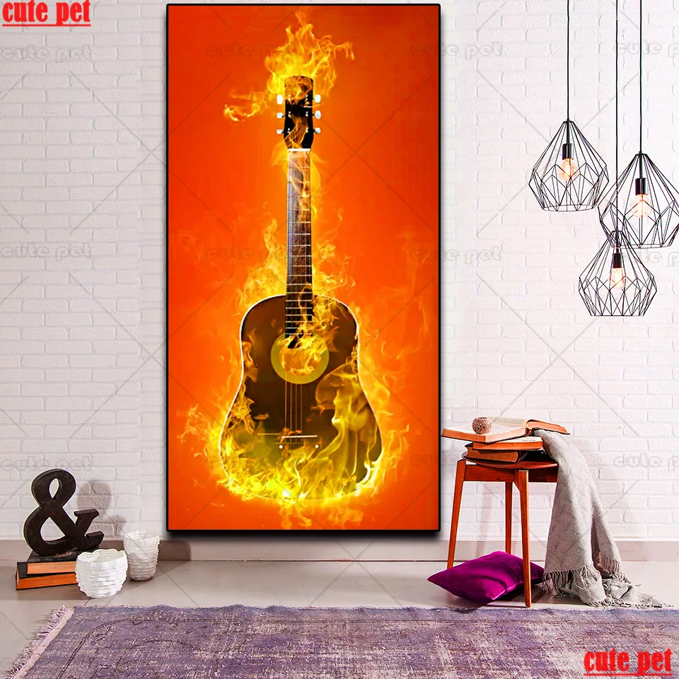 

DIY Diamond Painting Cross Stitch Burning Guitar Full Square Drill 5D Rhinestones Diamond Embroidery Handmade Gift large Decor