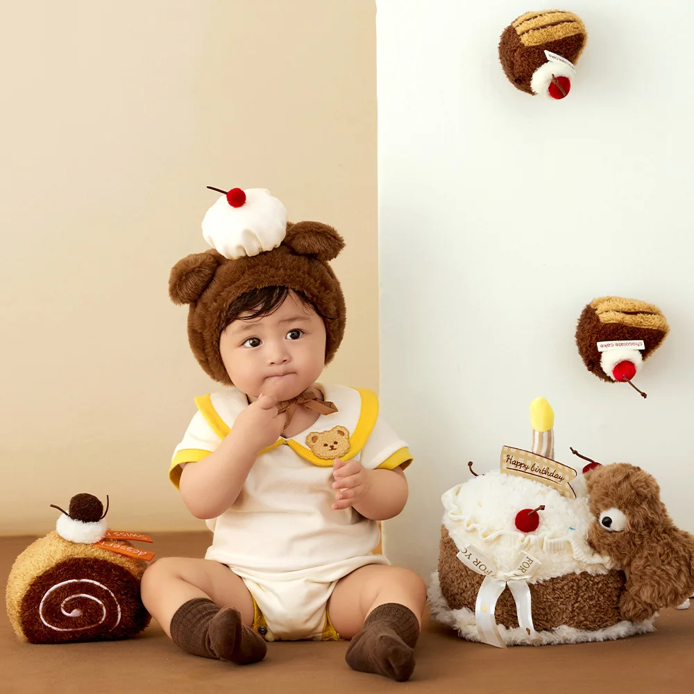 100 Days Baby Milestone Photography Props Bear Hat+jumpsuit Set Cute Plush Cake Toy Prop for Studio Infant Growth Memorial Photo