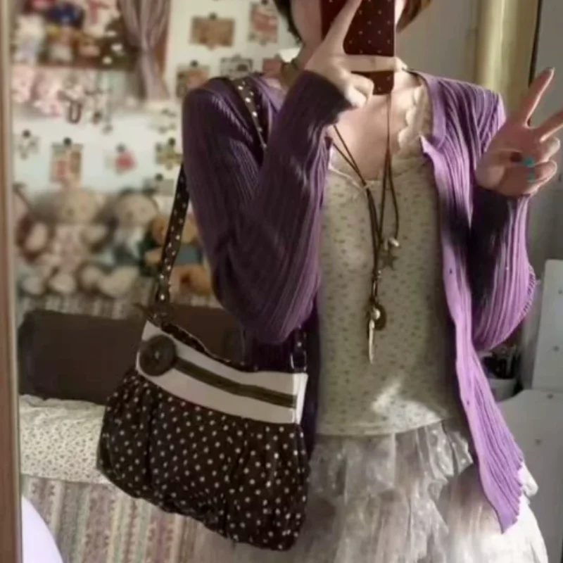 French Polka Dot Pleated Underarm Bag,button-decorated Color-blocked Ruffled Tote Bag,niche Retro Cute Versatile Commuting Bag