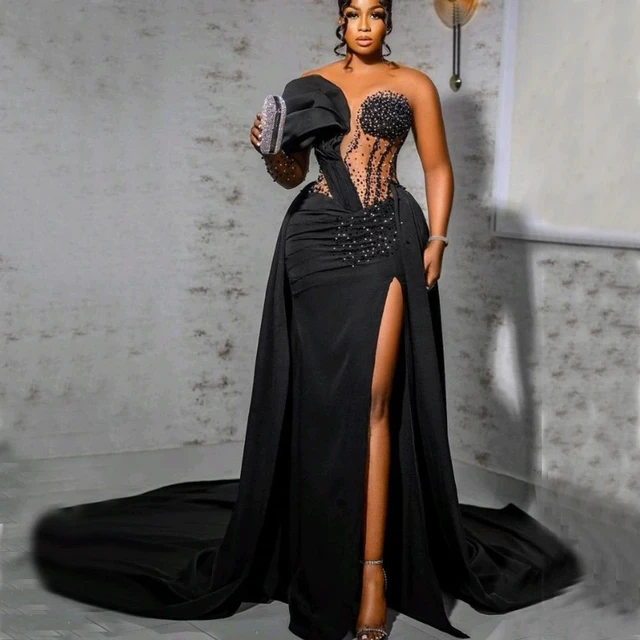 Summer Black Dress For Women 2024 Floor LengthLong Sleeve Sweep Train Crystal Satin Evening Gowns Illusion Vestidos Para Mujer AliExpress