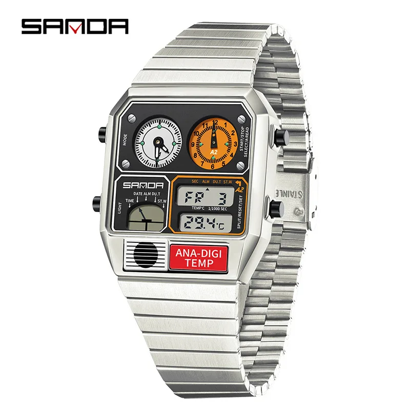 SANDA 3192 Men\'s Electronic Watch Square Stainless Steel Temperature Measurement Stopwatch Timing Multi Functional Watch