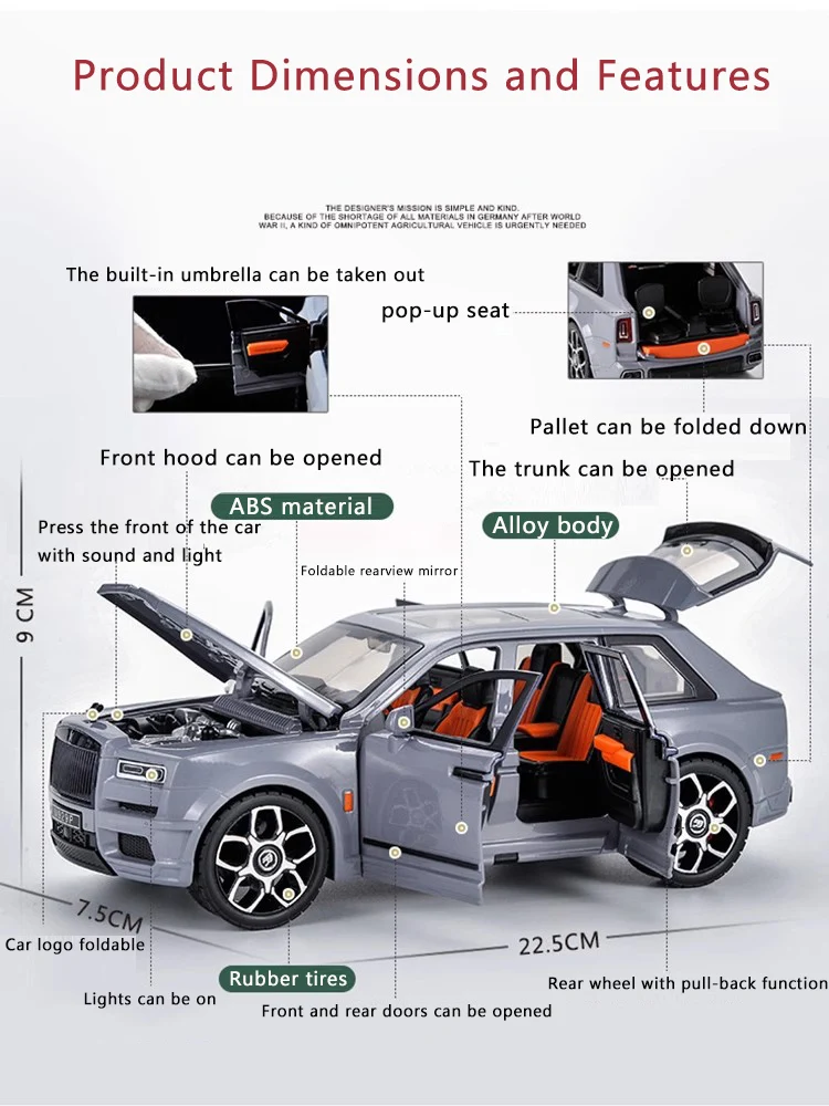 Rolls Royce Cullinan modelo de coche de aleación, juguete de simulación, sonido y luz, colección de Metal, regalo de decoración, 1:20, nuevo