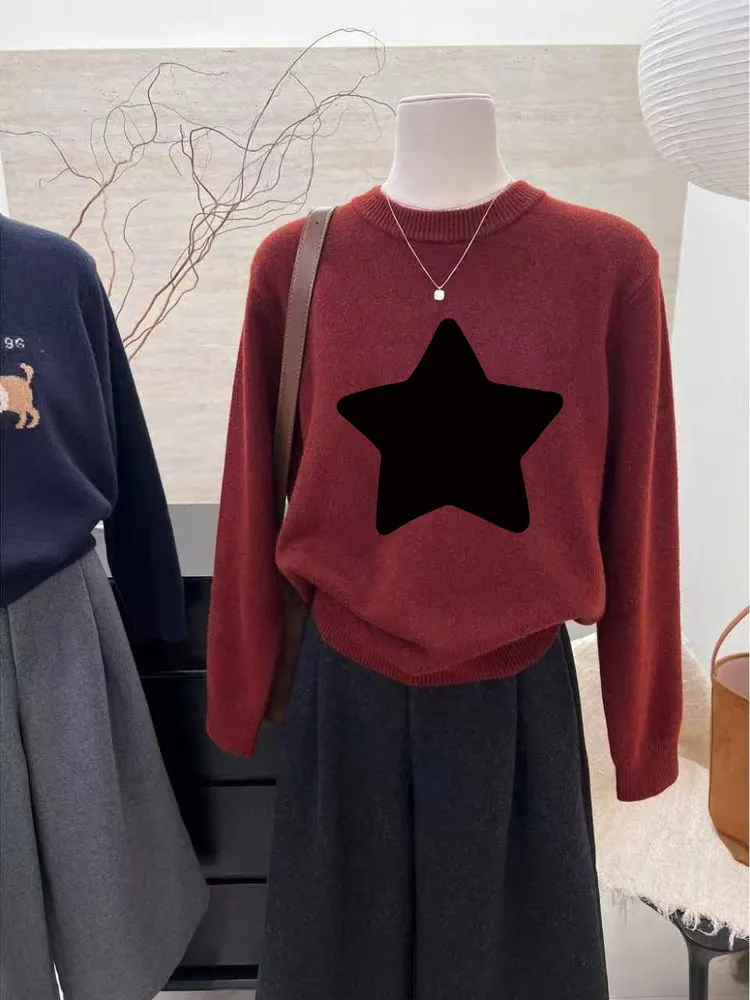 

Festive Wine Red Knitted Sweater Women's round Ne Long Sve Versatile Warm Top Faionable Anti-Aging for Young Women