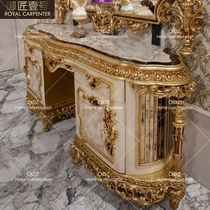 Royal Craftsman No. 1 European-style dressing table Neoclassical solid wood carving flower table mirror combination villa