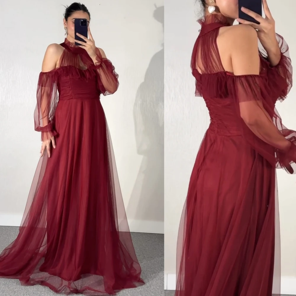 Customized  Ball   Tulle Draped Pleat Birthday A-line High Collar Bespoke Occasion Gown Long Es Saudi Arabia