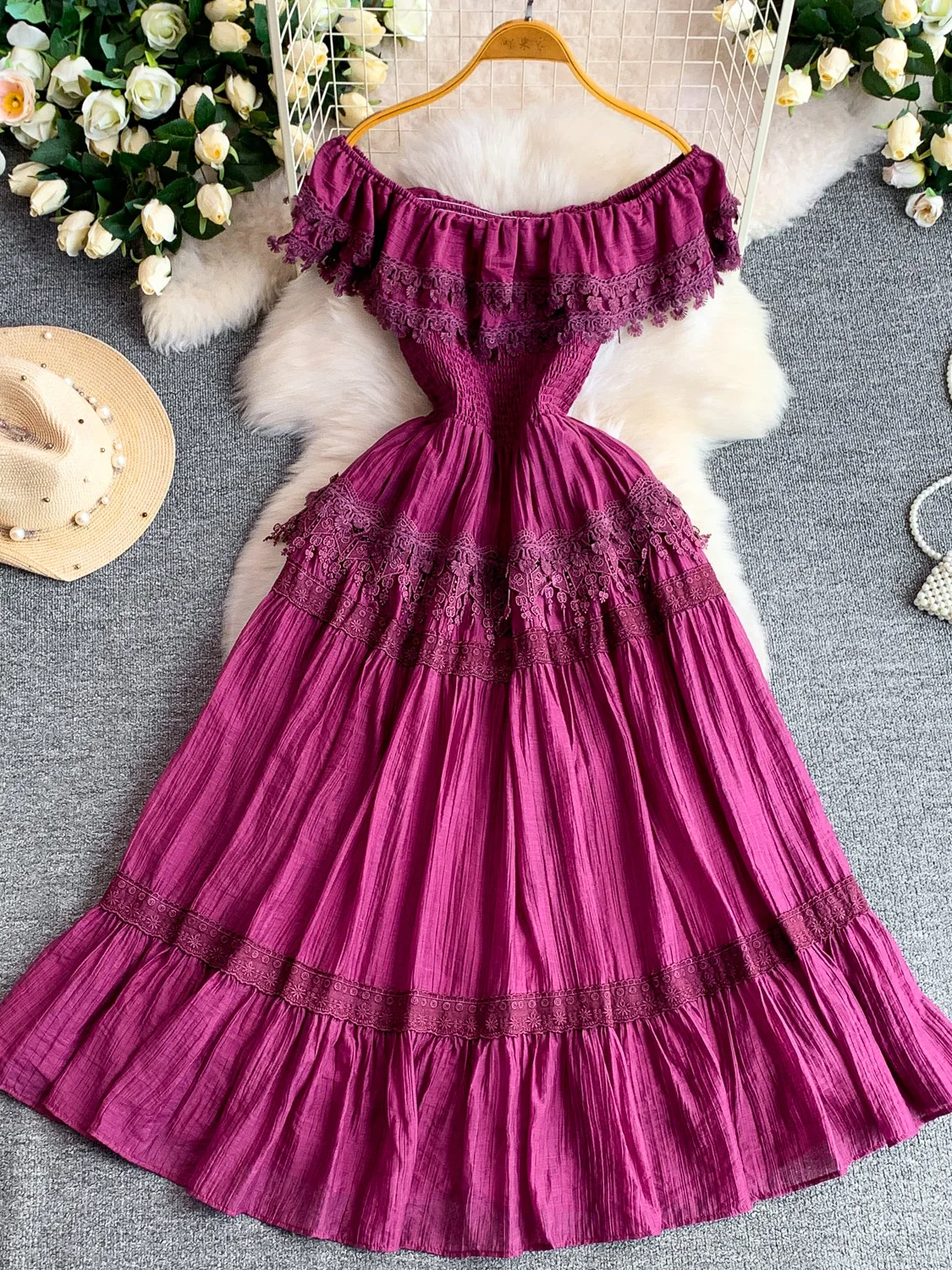 Elegant Lace Splice One Shoulder Long Dress Women's Summer Slimming Design Gathered Waist A-Line Skirt Maxi Dress