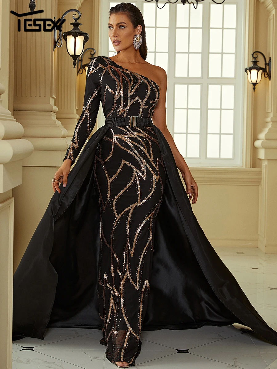 Yesexy New Delicate Black Arabian Evening Dress Long Shawl Open Back One Shoulder Sequins Special Occasion Prom Party Dress