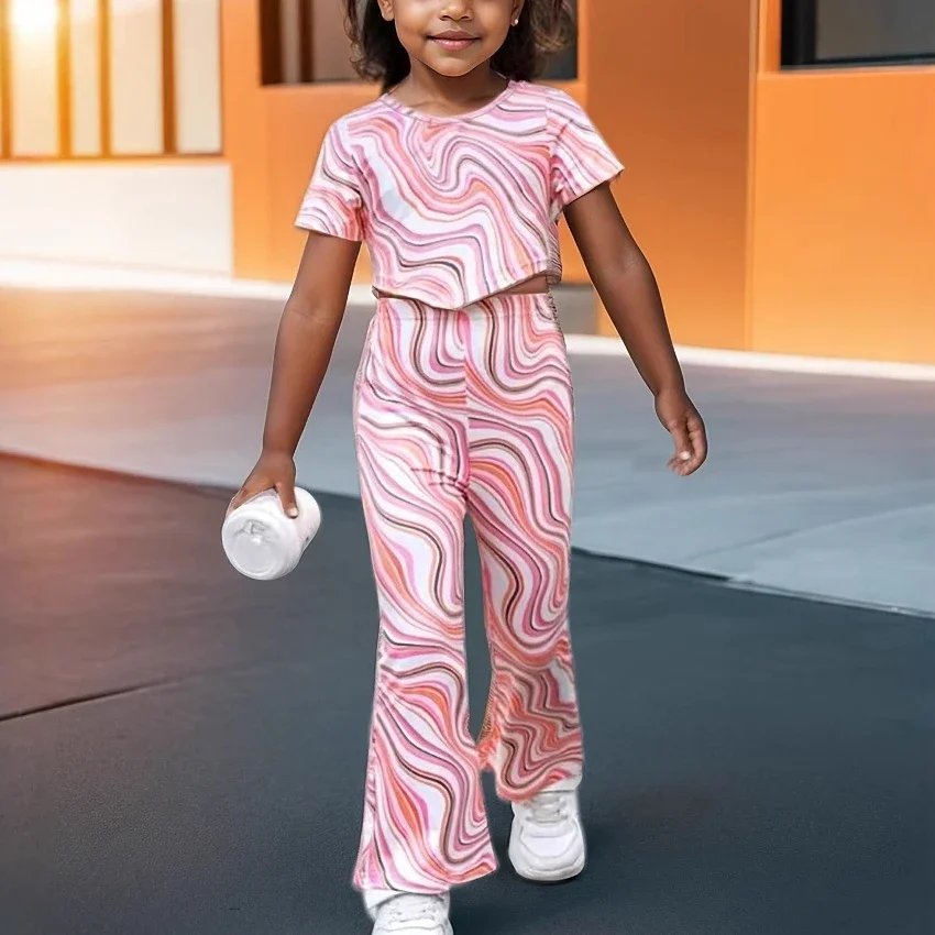 

New 2025 Summer Girls Clothing Sets Baby Girl Striped Short Sleeve T-shirt Crop Tops + Flared Trousers Children Casual Clothes