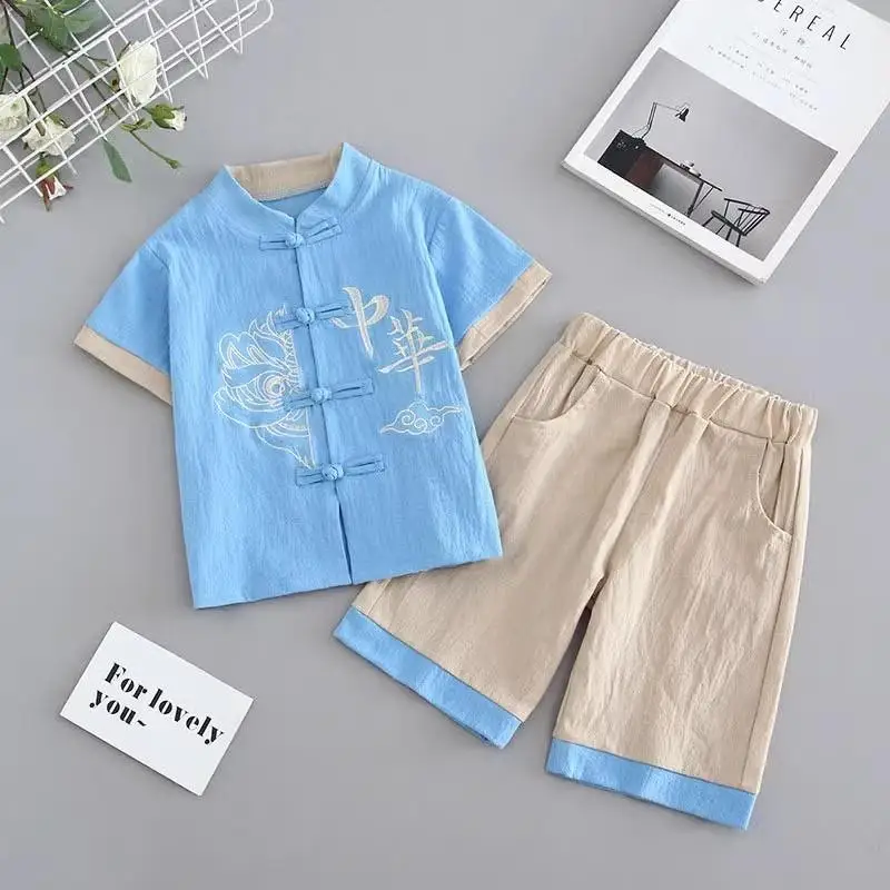 

New Chinese Style Boys' Outfit Thin Half Sleeve Two-Piece Set Baby Hanfu Summer Children's National Costume Tang Suit