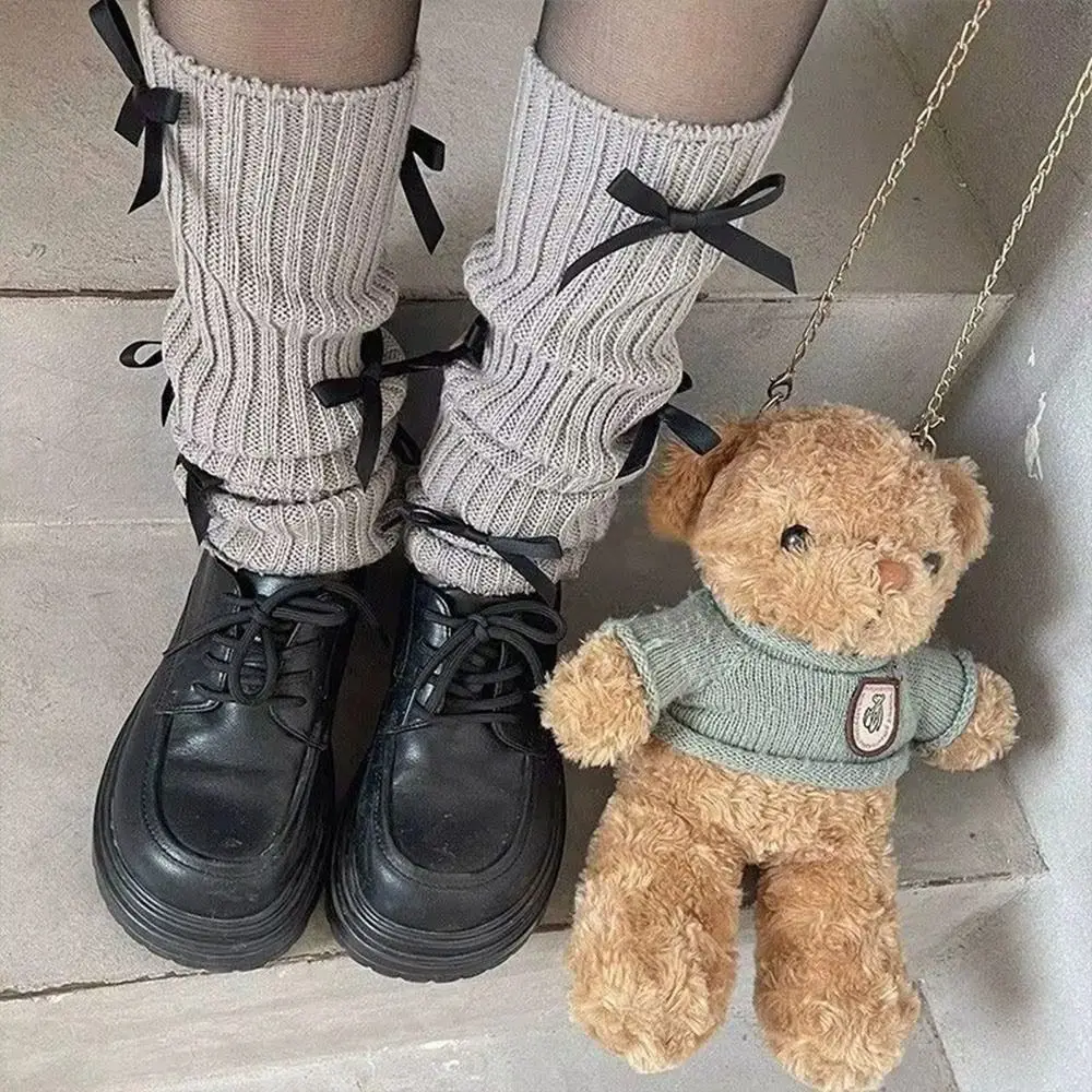 Scaldamuscoli lavorati a maglia con nodo a fiocco casual 40 cm Copri piedi con trama lavorata a maglia Calzini termici bianchi neri lavorati a maglia Autunno Inverno