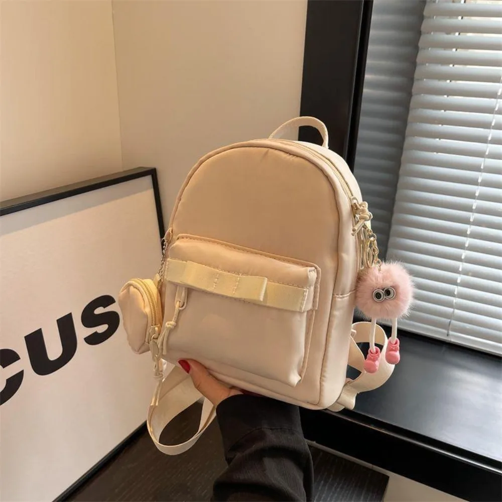 Portable Bow Mini Backpack Solid Color with Headphone Bag Women's Backpack Zipper Nylon School Bags Travel