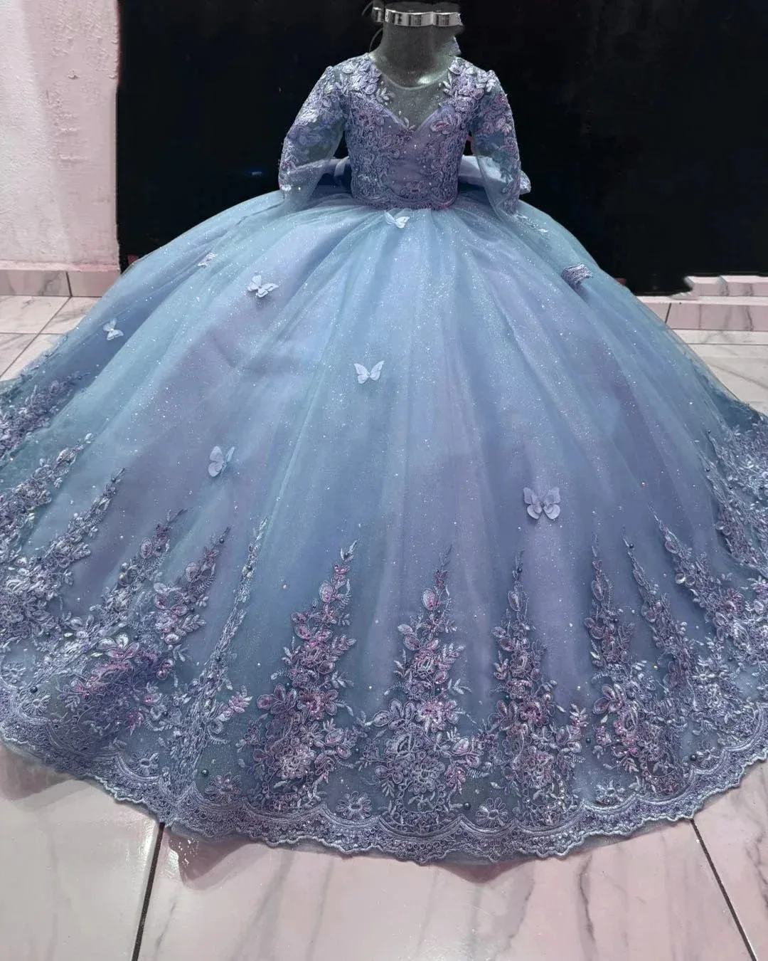 Customized Purple Flower Girl Dress for Wedding Lace Appliques Tulle Butterfly With Train Girl Child Birthday Party Dresses