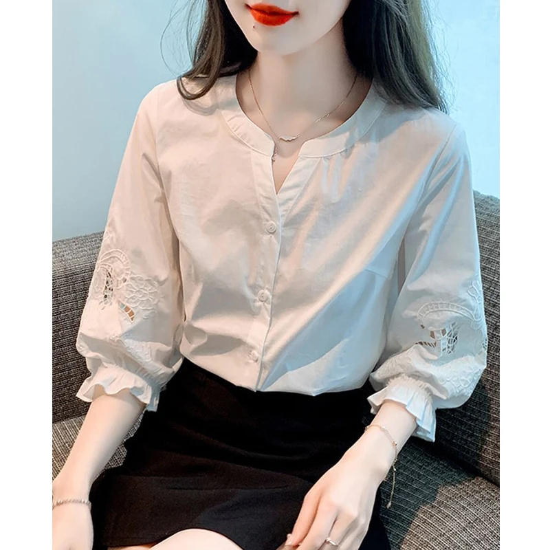 Women\'s Clothing Embroidery Hollow Simple Cotton Button Up Shirt Summer Trendy 3/4 Sleeve Solid Loose Blouses Casual Chic Blusas