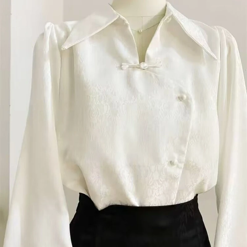 

Juspinice Chinese Style Turn-down Collar Button-down Shirt for Women in Spring Retro Jacquard Long Sleeve White Simple Tops