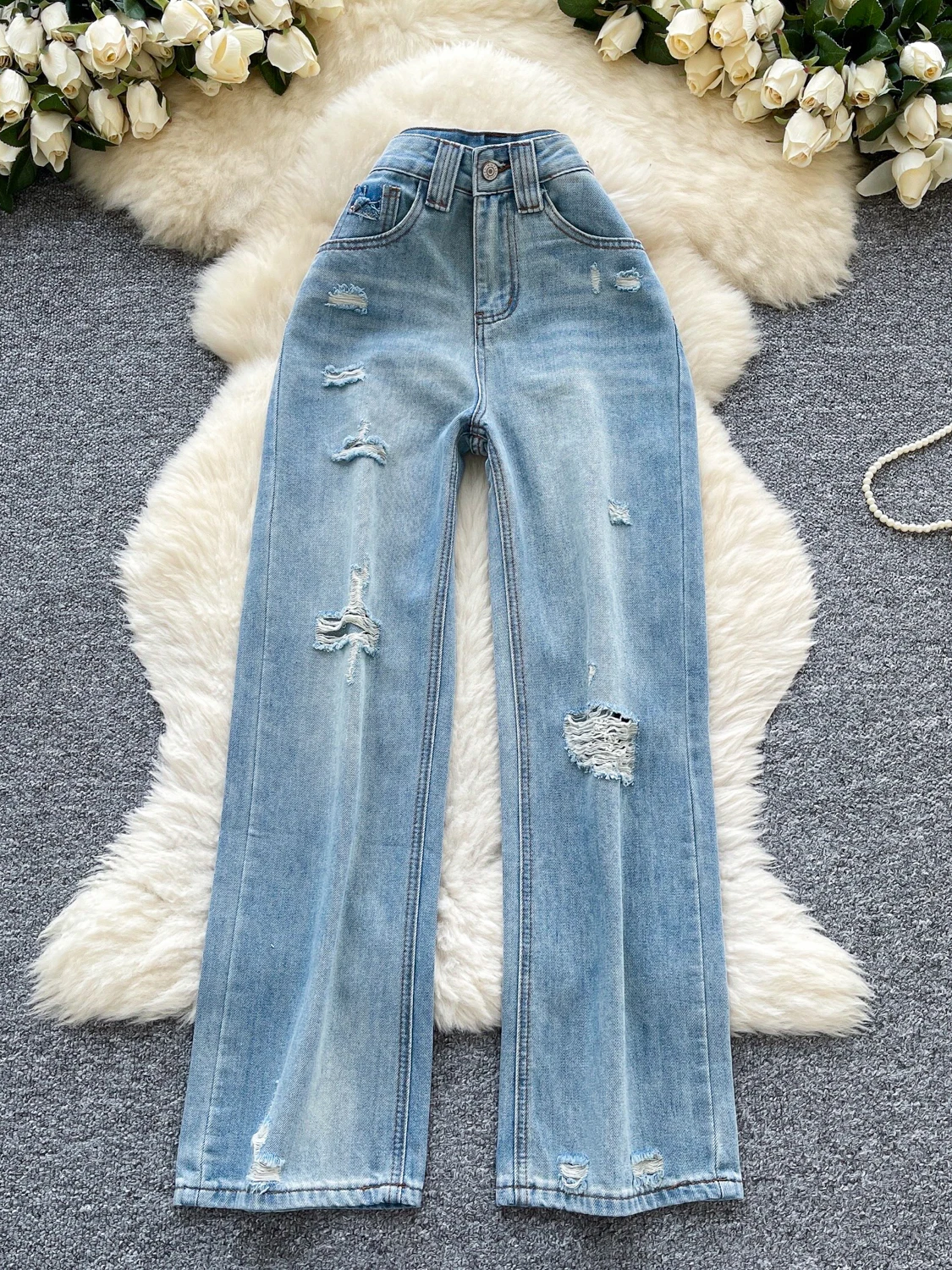 Jeans coreani Faion a vita alta in denim Design da donna Sensation Piccolo foro Cro Pantaloni larghi dimagranti larghi casual
