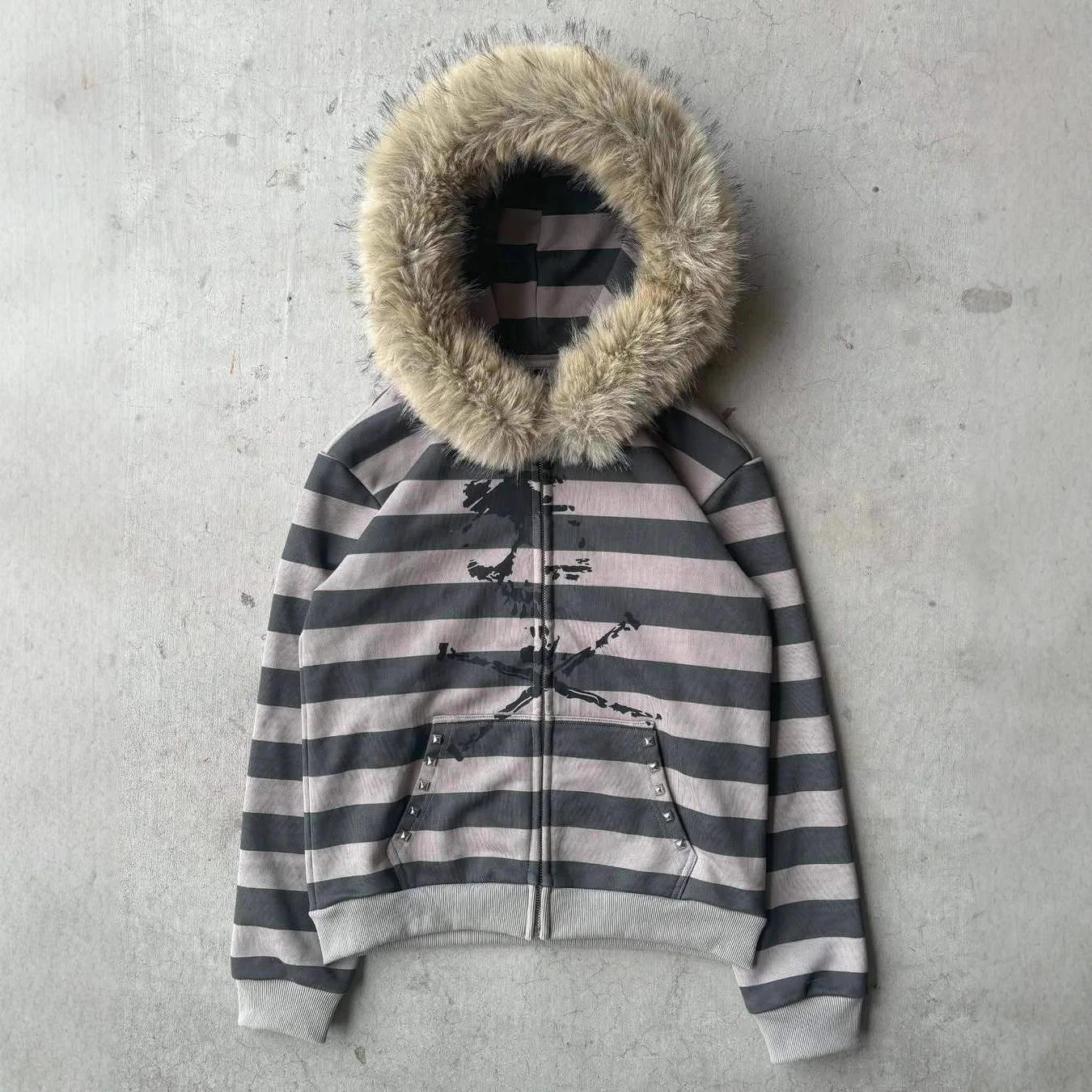 Autumn Winter Striped Color Matching Skull Printing Gothic Plush Brim Warm Hoodie Street Hip Hop Punk Cardigan Women Casual Coat