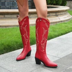 Ricamo marrone rosso punta a punta grosso tacco alto donna scarpe etniche Zip Up tacchi al ginocchio Western Cowboy ricamo stivali