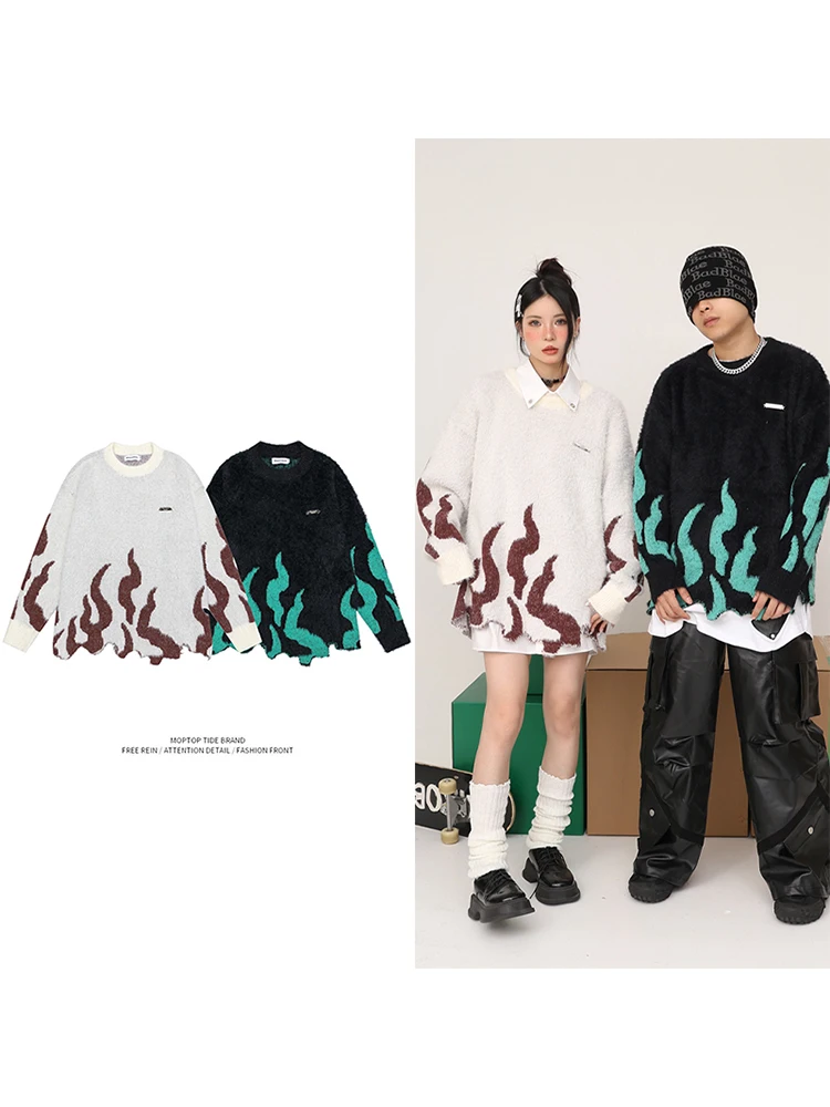 

Autumn Winter Irregular Hem Design Overhead Knitted Sweater American Retro Flame Embroidery Men Women Casual Faion